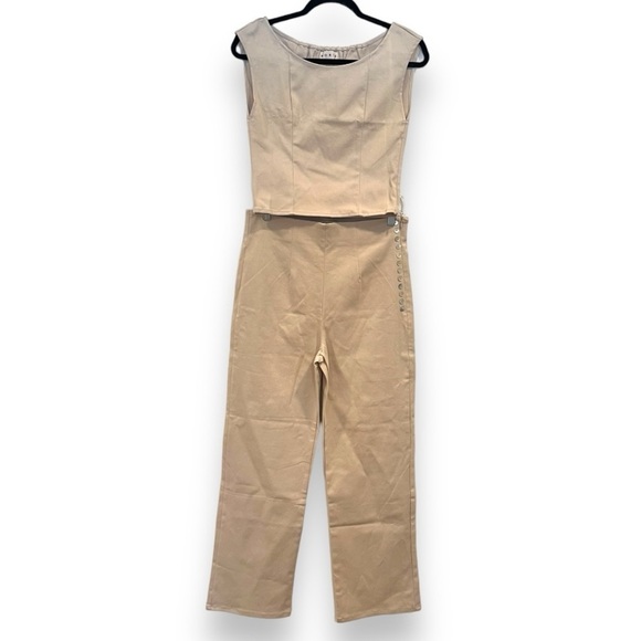 Norte Organic Cotton Cream Pantin Straight leg Pants & Ares Crop Top Coord Set - Picture 2 of 15